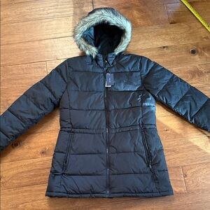 GAP Black Puffer Jacket with Faux Fur Trim